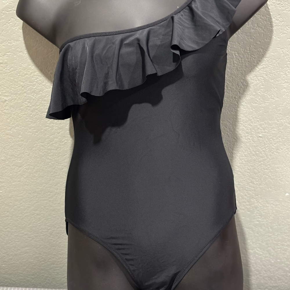 Black One-Shoulder Ruffle Kids One Piece